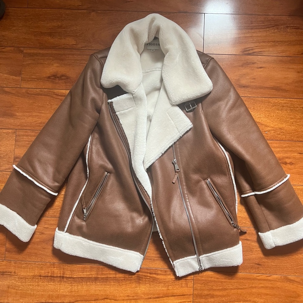 Faux Fur Trimmed Faux Fur Leather Moto Jacket